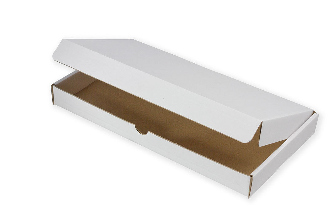 Krempelverpackung aus weissem Wellpapp Karton mit Fingerloch